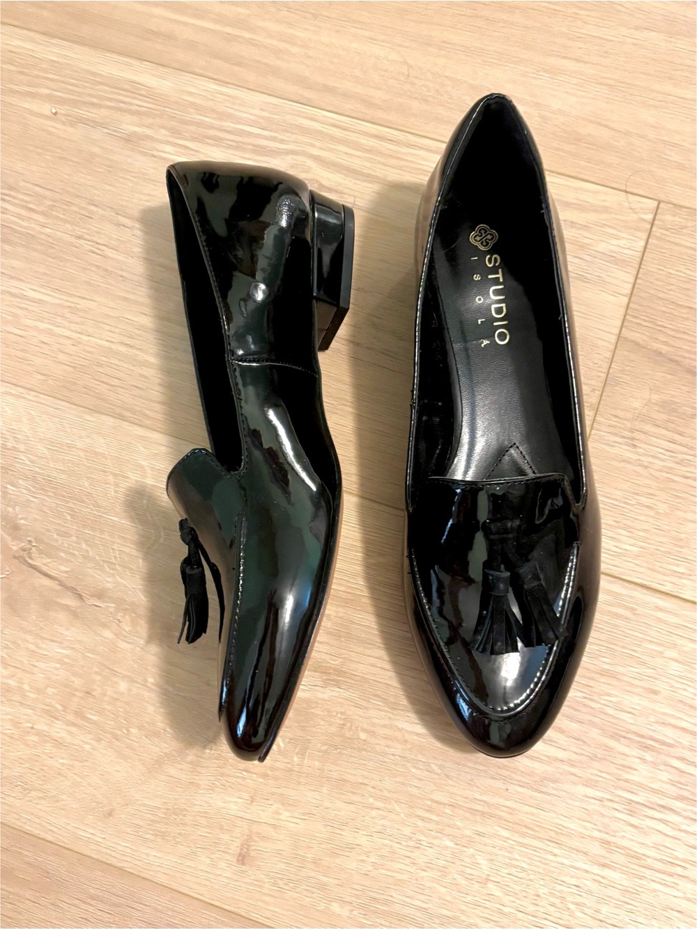 STUDIO Isola Black Patent Leather Tassel Slip-On Loafers, Small Heel-9.5